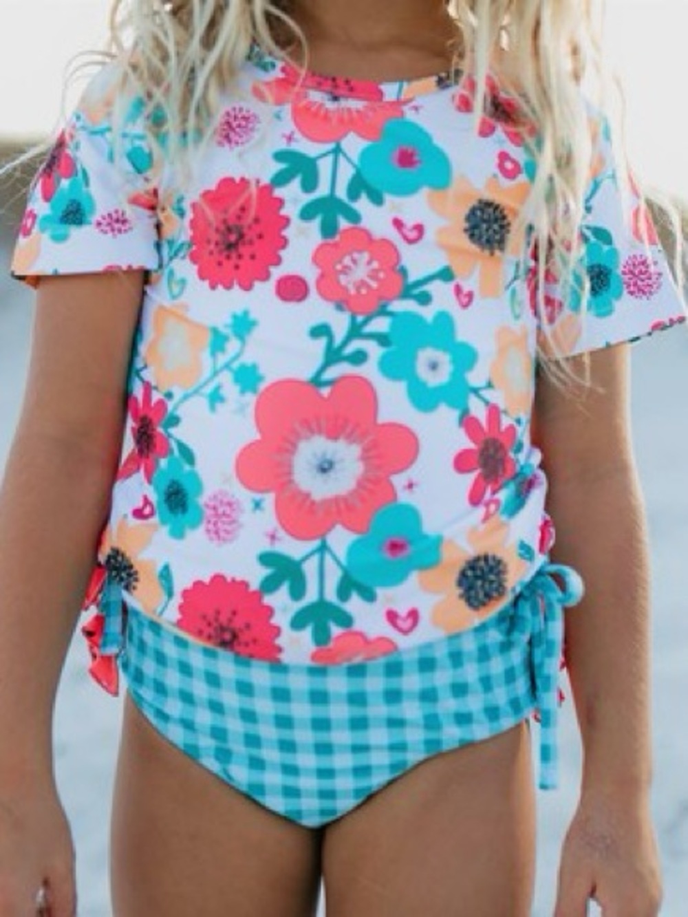 Girls' Short-Sleeve Floral Rashguard Swim Set in Coral & Teal